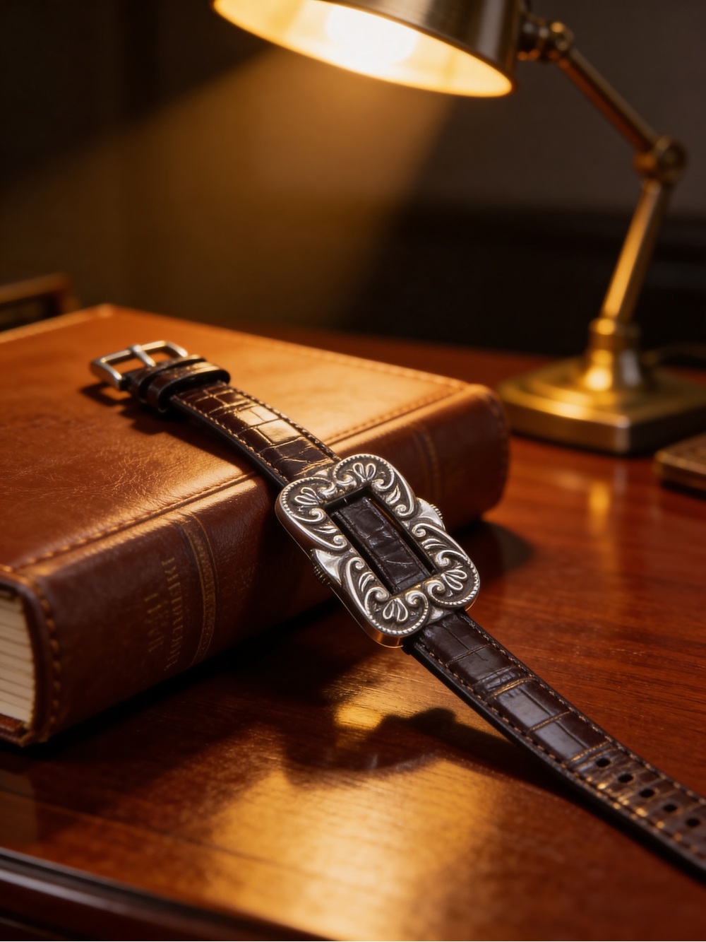 Black Leather Belt with Ornate Silver Buckle